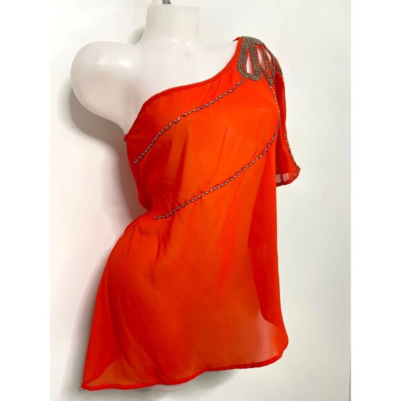 Camille La Vie One Shoulder Orange Blouse Draped Beaded Top Women Size Large - Picture 4 of 9